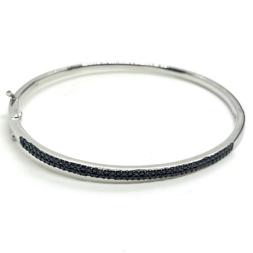 STERLING SILVER 925 SUN BLACK PAVE STONE HINGED BANGLE BRACELET MODERN ELEGANT